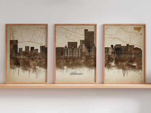 Tryptyk Skylines Katowice w stylu Vintage, Styl akwarelowy