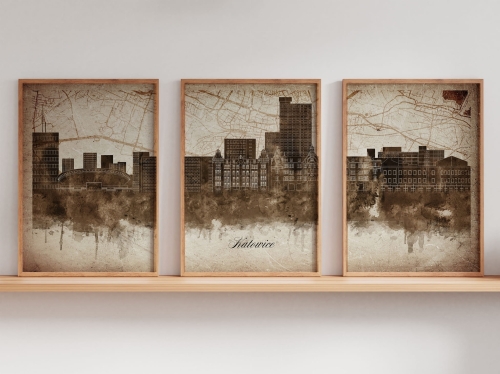 Tryptyk Skylines Katowice w stylu Vintage, Styl akwarelowy