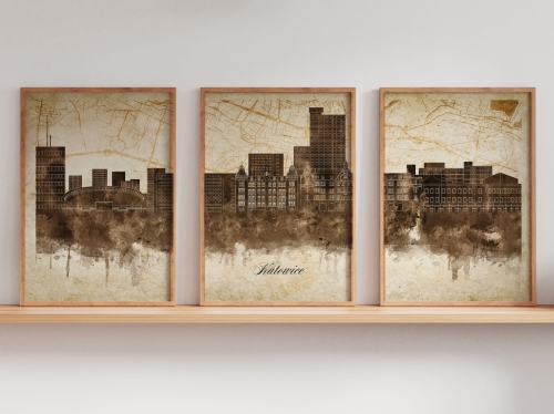 Tryptyk Skylines Katowice w stylu Vintage, Styl akwarelowy