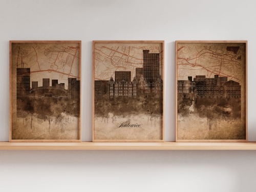 Tryptyk Skylines Katowice w stylu Vintage, Styl akwarelowy