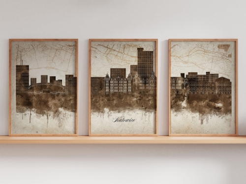 Tryptyk Skylines Katowice w stylu Vintage, Styl akwarelowy