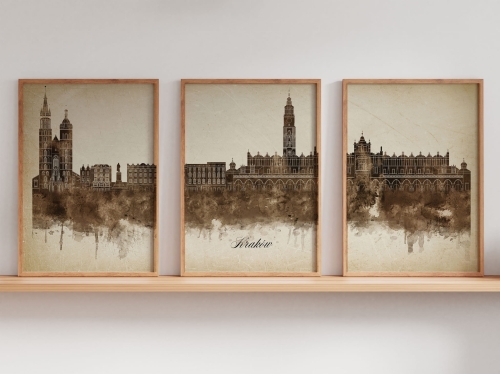 Tryptyk Skylines Kraków w stylu Vintage, Styl akwarelowy