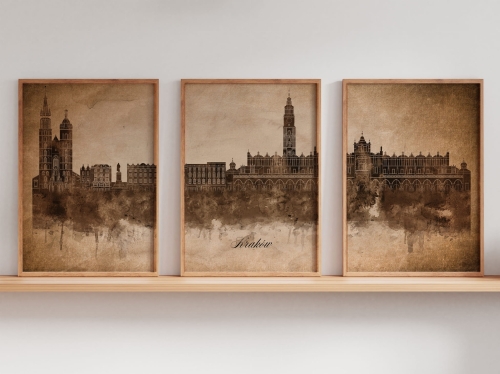 Tryptyk Skylines Kraków w stylu Vintage, Styl akwarelowy