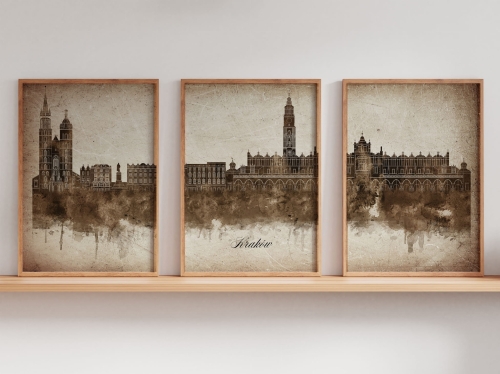 Tryptyk Skylines Kraków w stylu Vintage, Styl akwarelowy