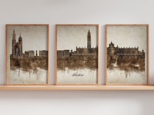 Tryptyk Skylines Kraków w stylu Vintage, Styl akwarelowy