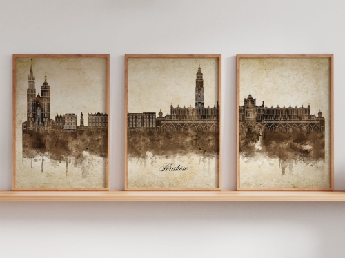 Tryptyk Skylines Kraków w stylu Vintage, Styl akwarelowy