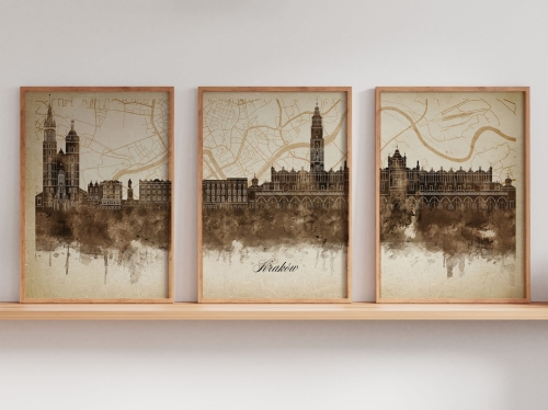 Tryptyk Skylines Kraków w stylu Vintage, Styl akwarelowy