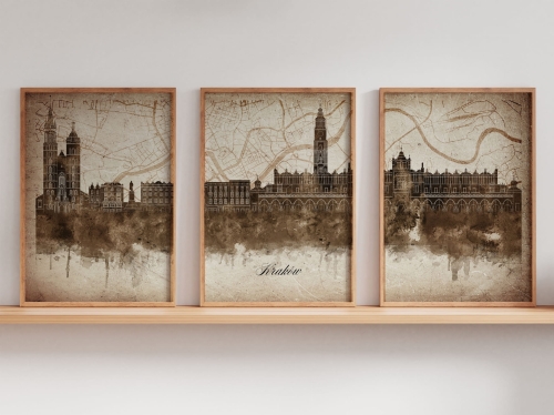 Tryptyk Skylines Kraków w stylu Vintage, Styl akwarelowy