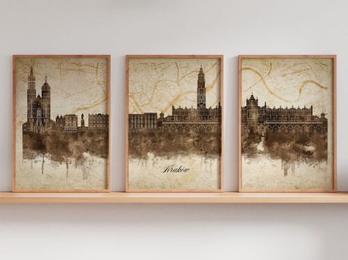 Tryptyk Skylines Kraków w stylu Vintage, Styl akwarelowy