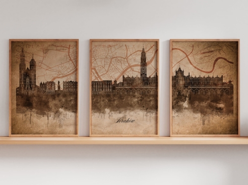 Tryptyk Skylines Kraków w stylu Vintage, Styl akwarelowy