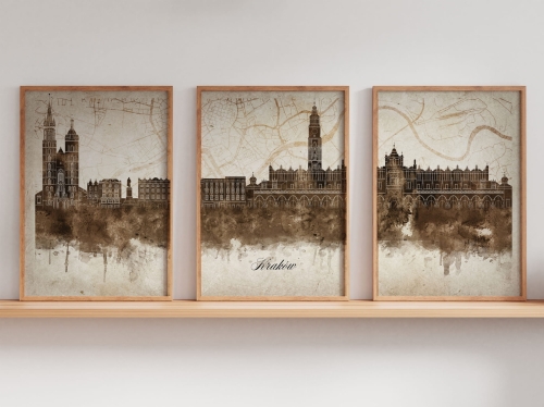 Tryptyk Skylines Kraków w stylu Vintage, Styl akwarelowy