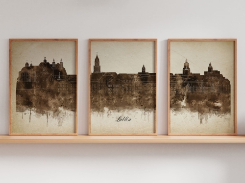 Tryptyk Skylines Lublin w stylu Vintage, Styl akwarelowy