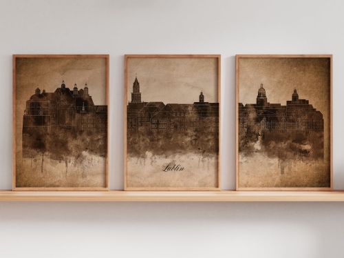 Tryptyk Skylines Lublin w stylu Vintage, Styl akwarelowy