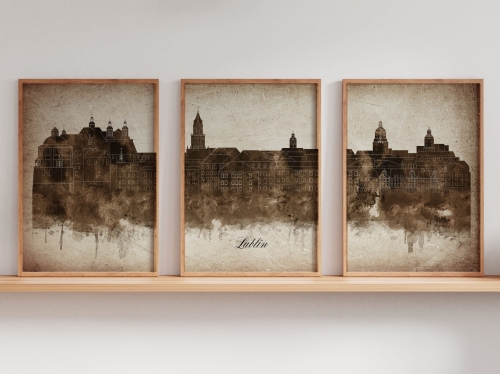 Tryptyk Skylines Lublin w stylu Vintage, Styl akwarelowy