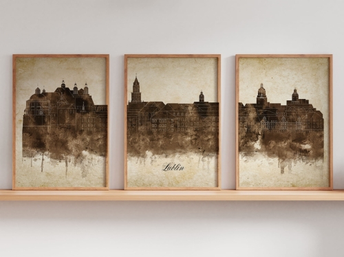 Tryptyk Skylines Lublin w stylu Vintage, Styl akwarelowy