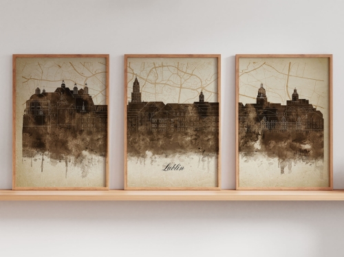 Tryptyk Skylines Lublin w stylu Vintage, Styl akwarelowy