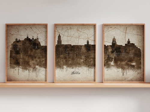 Tryptyk Skylines Lublin w stylu Vintage, Styl akwarelowy