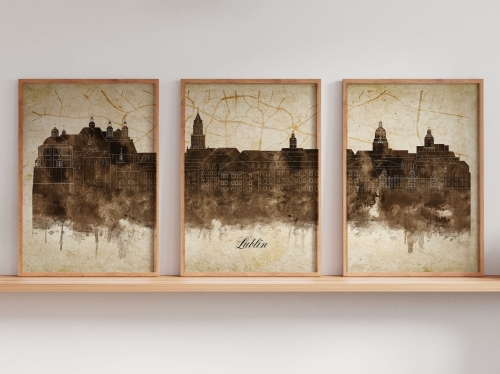 Tryptyk Skylines Lublin w stylu Vintage, Styl akwarelowy