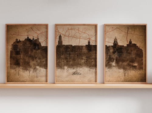 Tryptyk Skylines Lublin w stylu Vintage, Styl akwarelowy