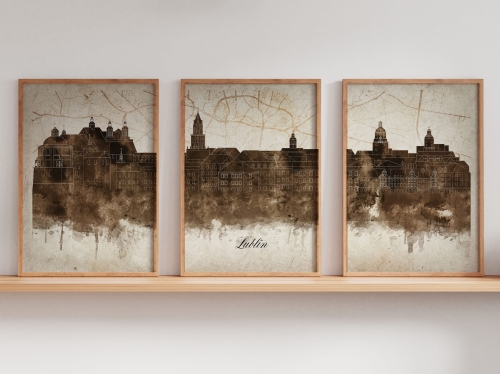 Tryptyk Skylines Lublin w stylu Vintage, Styl akwarelowy