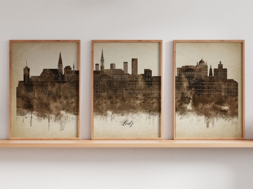 Tryptyk Skylines Łódź w stylu Vintage, Styl akwarelowy