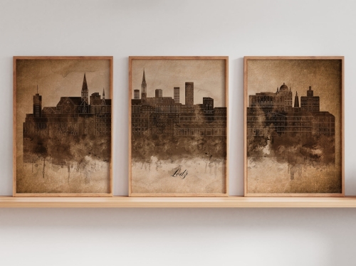 Tryptyk Skylines Łódź w stylu Vintage, Styl akwarelowy