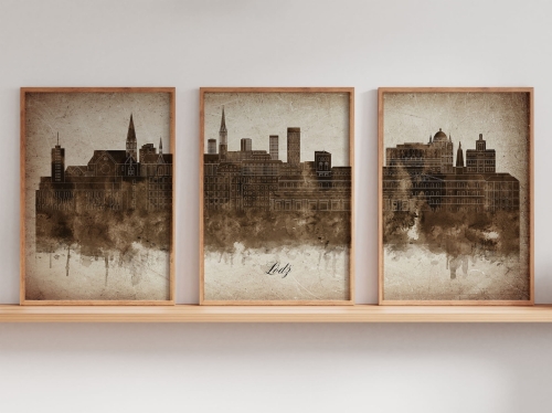 Tryptyk Skylines Łódź w stylu Vintage, Styl akwarelowy