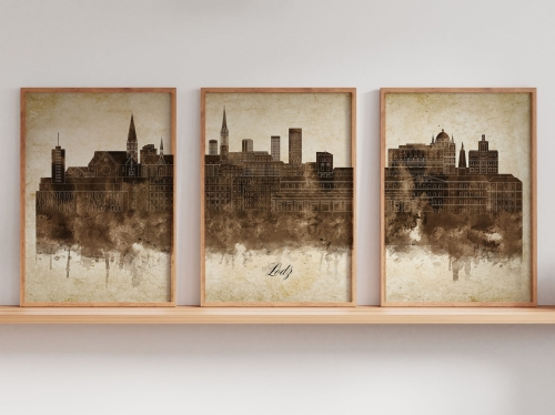 Tryptyk Skylines Łódź w stylu Vintage, Styl akwarelowy