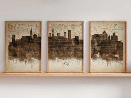 Tryptyk Skylines Łódź w stylu Vintage, Styl akwarelowy