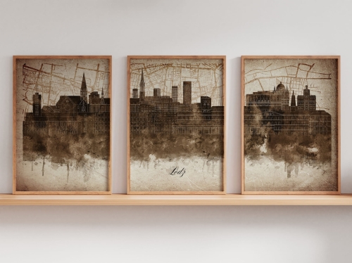 Tryptyk Skylines Łódź w stylu Vintage, Styl akwarelowy