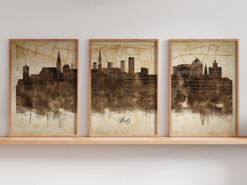 Tryptyk Skylines Łódź w stylu Vintage, Styl akwarelowy