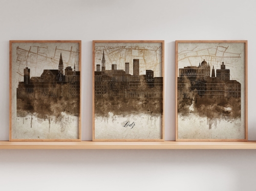 Tryptyk Skylines Łódź w stylu Vintage, Styl akwarelowy