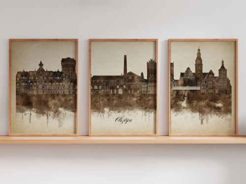 Tryptyk Skylines Olsztyn w stylu Vintage, Styl akwarelowy
