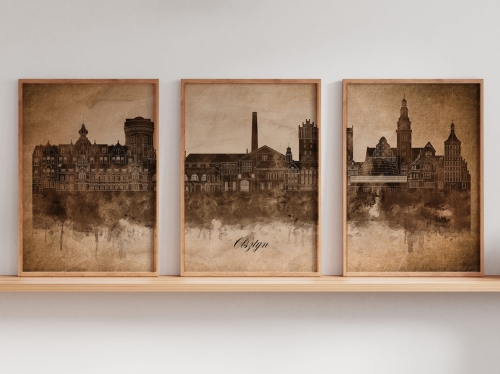 Tryptyk Skylines Olsztyn w stylu Vintage, Styl akwarelowy