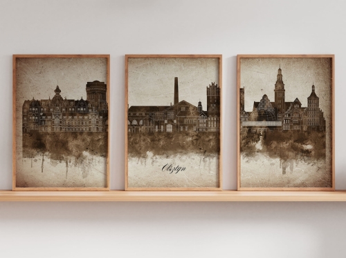 Tryptyk Skylines Olsztyn w stylu Vintage, Styl akwarelowy