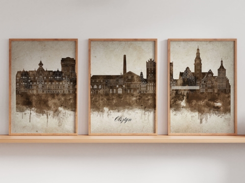 Tryptyk Skylines Olsztyn w stylu Vintage, Styl akwarelowy
