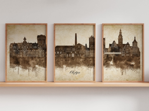 Tryptyk Skylines Olsztyn w stylu Vintage, Styl akwarelowy