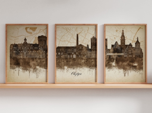 Tryptyk Skylines Olsztyn w stylu Vintage, Styl akwarelowy