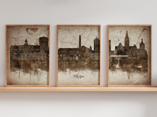 Tryptyk Skylines Olsztyn w stylu Vintage, Styl akwarelowy