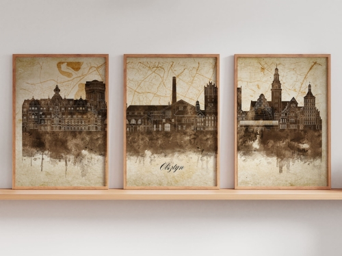 Tryptyk Skylines Olsztyn w stylu Vintage, Styl akwarelowy
