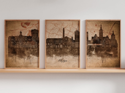 Tryptyk Skylines Olsztyn w stylu Vintage, Styl akwarelowy