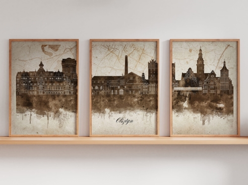 Tryptyk Skylines Olsztyn w stylu Vintage, Styl akwarelowy