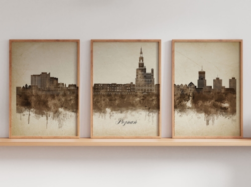 Tryptyk Skylines Poznań w stylu Vintage, Styl akwarelowy 
