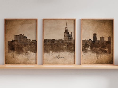 Tryptyk Skylines Poznań w stylu Vintage, Styl akwarelowy