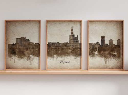 Tryptyk Skylines Poznań w stylu Vintage, Styl akwarelowy
