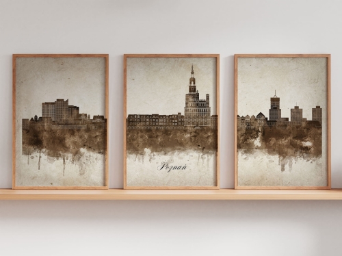 Tryptyk Skylines Poznań w stylu Vintage, Styl akwarelowy