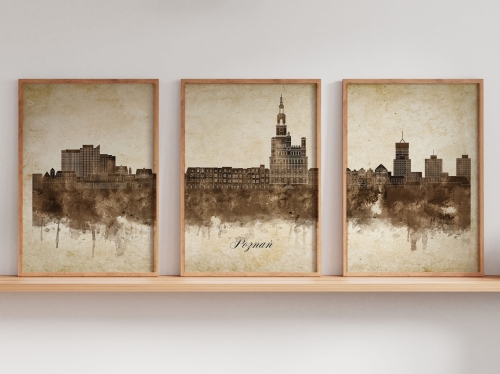 Tryptyk Skylines Poznań w stylu Vintage, Styl akwarelowy