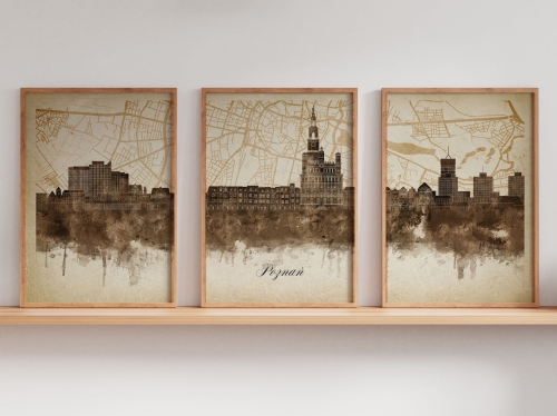 Tryptyk Skylines Poznań w stylu Vintage, Styl akwarelowy