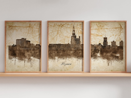 Tryptyk Skylines Poznań w stylu Vintage, Styl akwarelowy