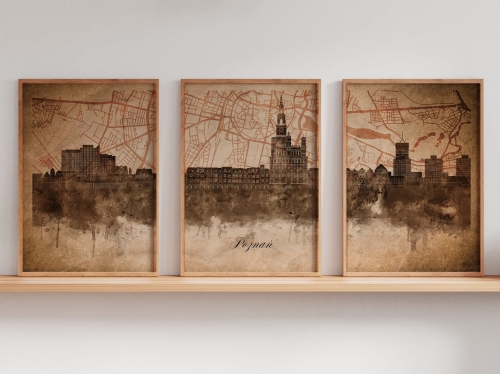 Tryptyk Skylines Poznań w stylu Vintage, Styl akwarelowy